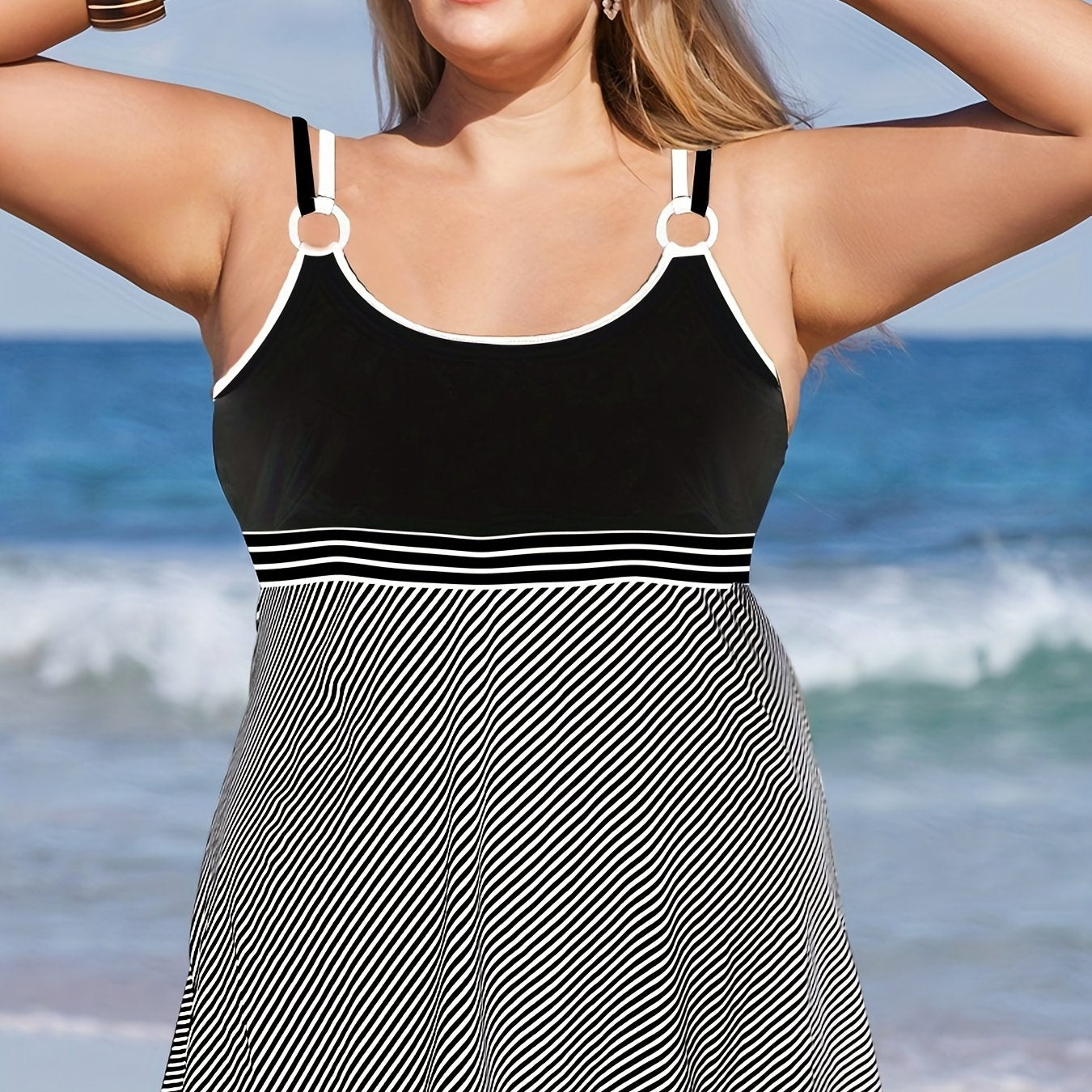 Colorblock Stripe Tankini Set with Skirt Brief