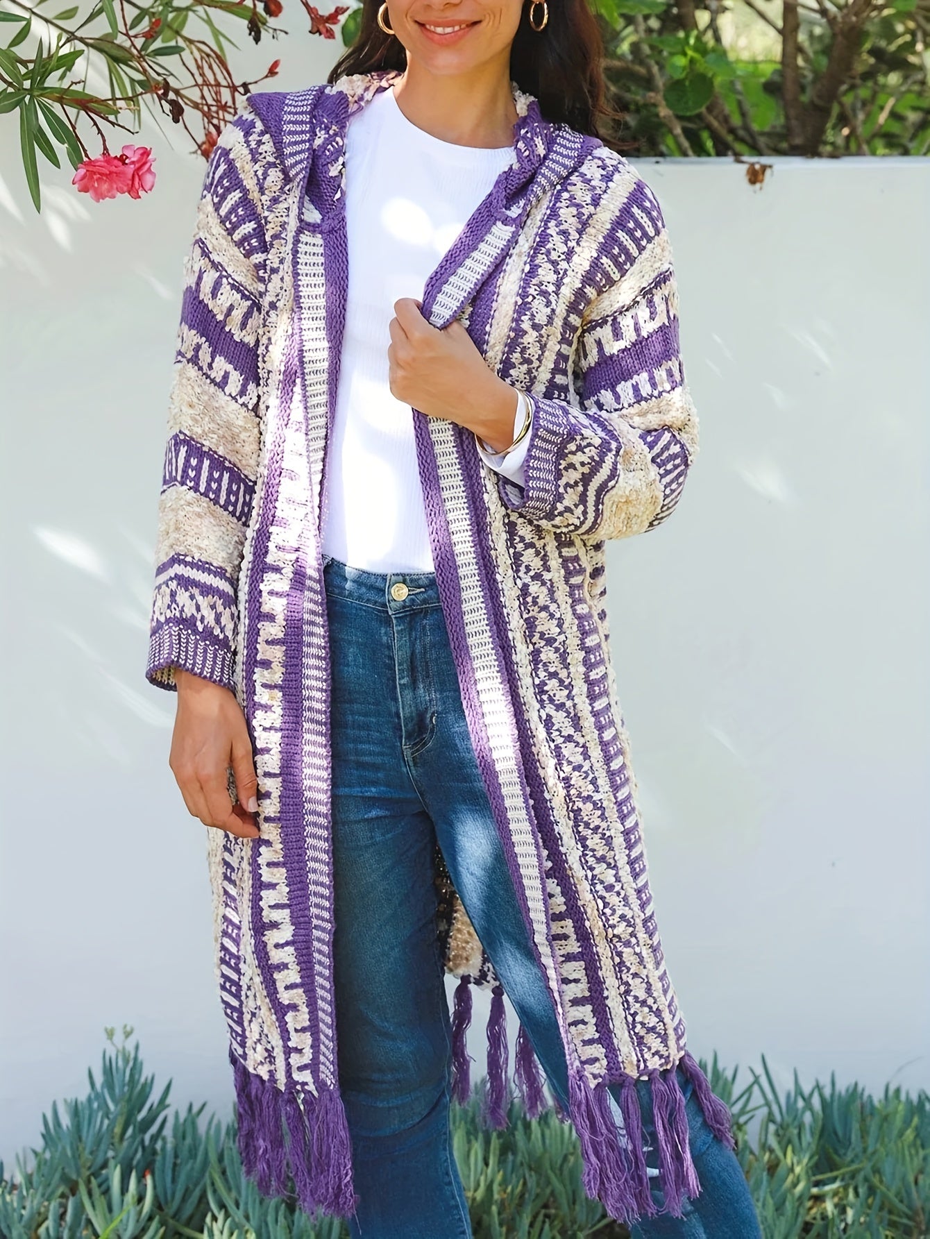 Geometric Print Tassel Trim Hooded Cardigan