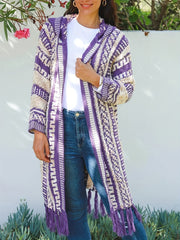 Geometric Print Tassel Trim Hooded Cardigan