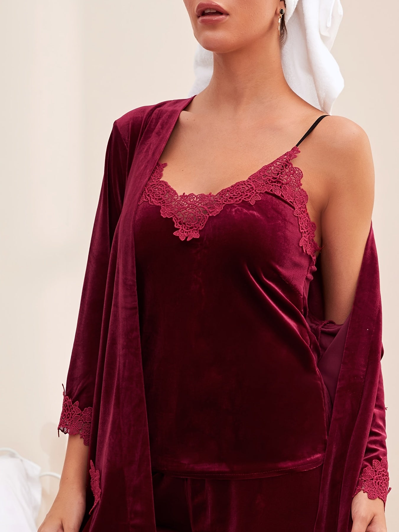 Velvet Pajama Set Lace Trim Cami Tops Robe Pants Women's Sleepwear