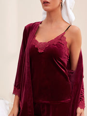 Velvet Pajama Set Lace Trim Cami Tops Robe Pants Women's Sleepwear
