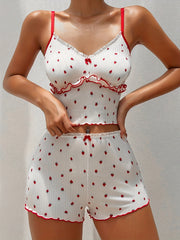 Strawberry Print Pajama Set Ruffle V Neck Cami Top & Shorts Women's Sleepwear