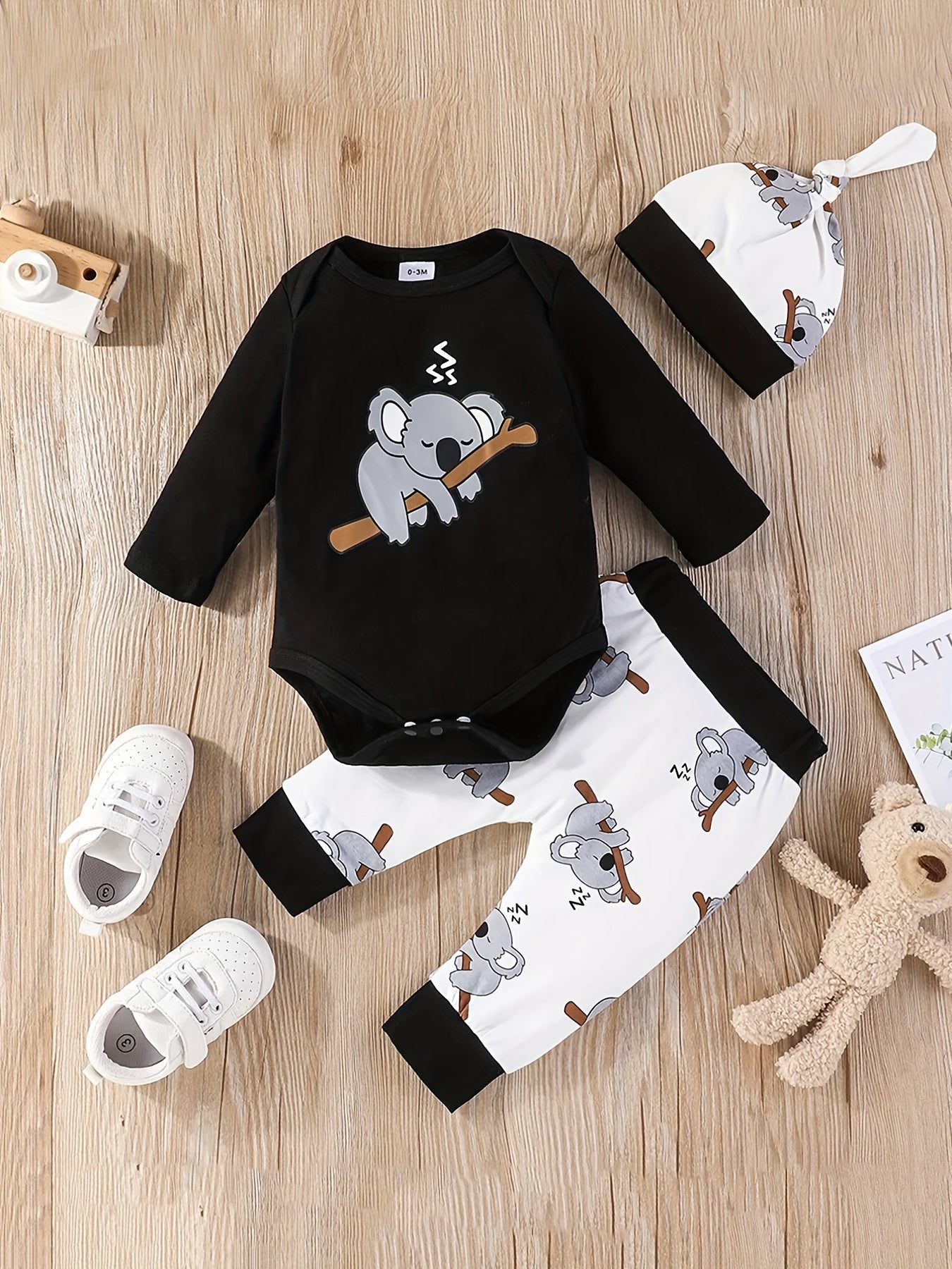 Baby Koala Printed Jumpsuit Top Full Printed Pants Hat 3pcs Set