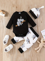 Baby Koala Printed Jumpsuit Top Full Printed Pants Hat 3pcs Set