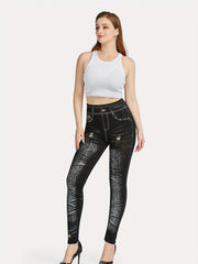 Denim Print High Waisted Leggings Casual Skinny Leggings