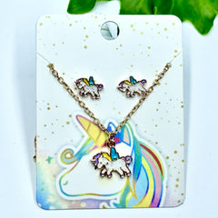 Cartoon Dripping Unicorn Necklace & Earrings Set For Girls