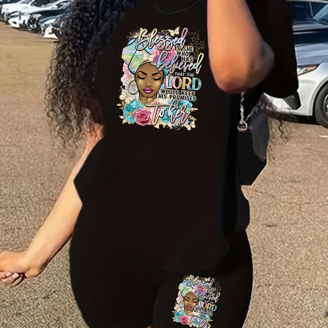 Cartoon Figure & Slogan Print 2 Piece Set