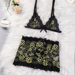 Floral Embroidery Lingerie Set with Plunge Bra and Mesh Skirt