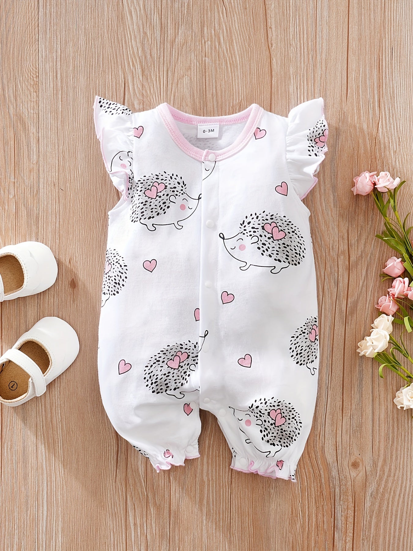 Comfy Hedgehog Print Flutter Sleeve Baby Girls Jumpsuit