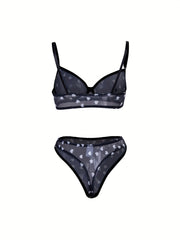 Heart Print Mesh Bra & Panty Lingerie Set