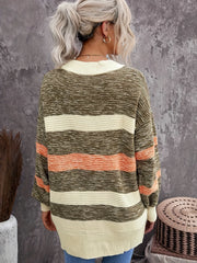 Striped Long Sleeve Button-Up Cardigan With Pockets
