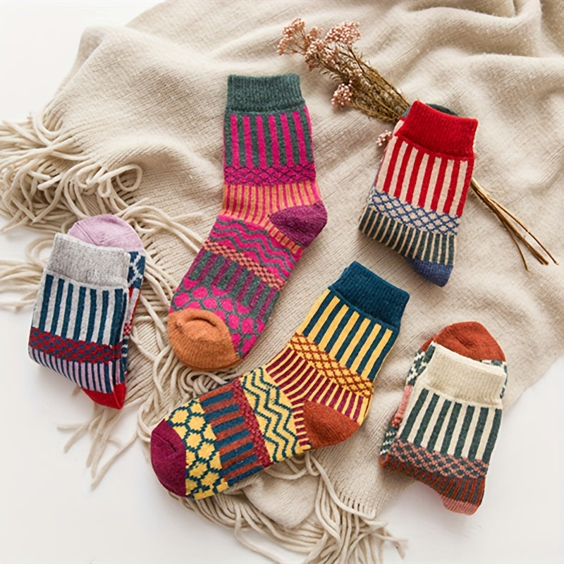 5 Pairs Geometric Pattern Mid Tube Socks Warm Women's Stockings