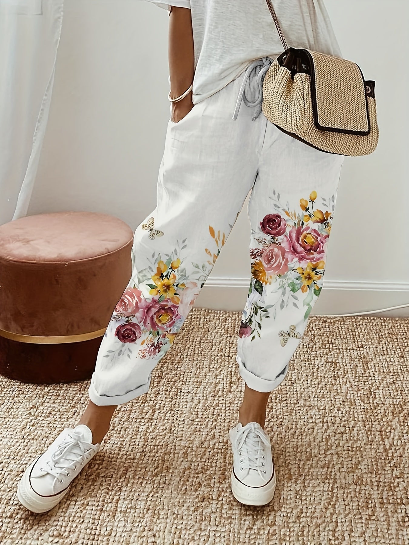 Women's Plus Butterfly Print Elastic Drawstring High Rise Casual Pants