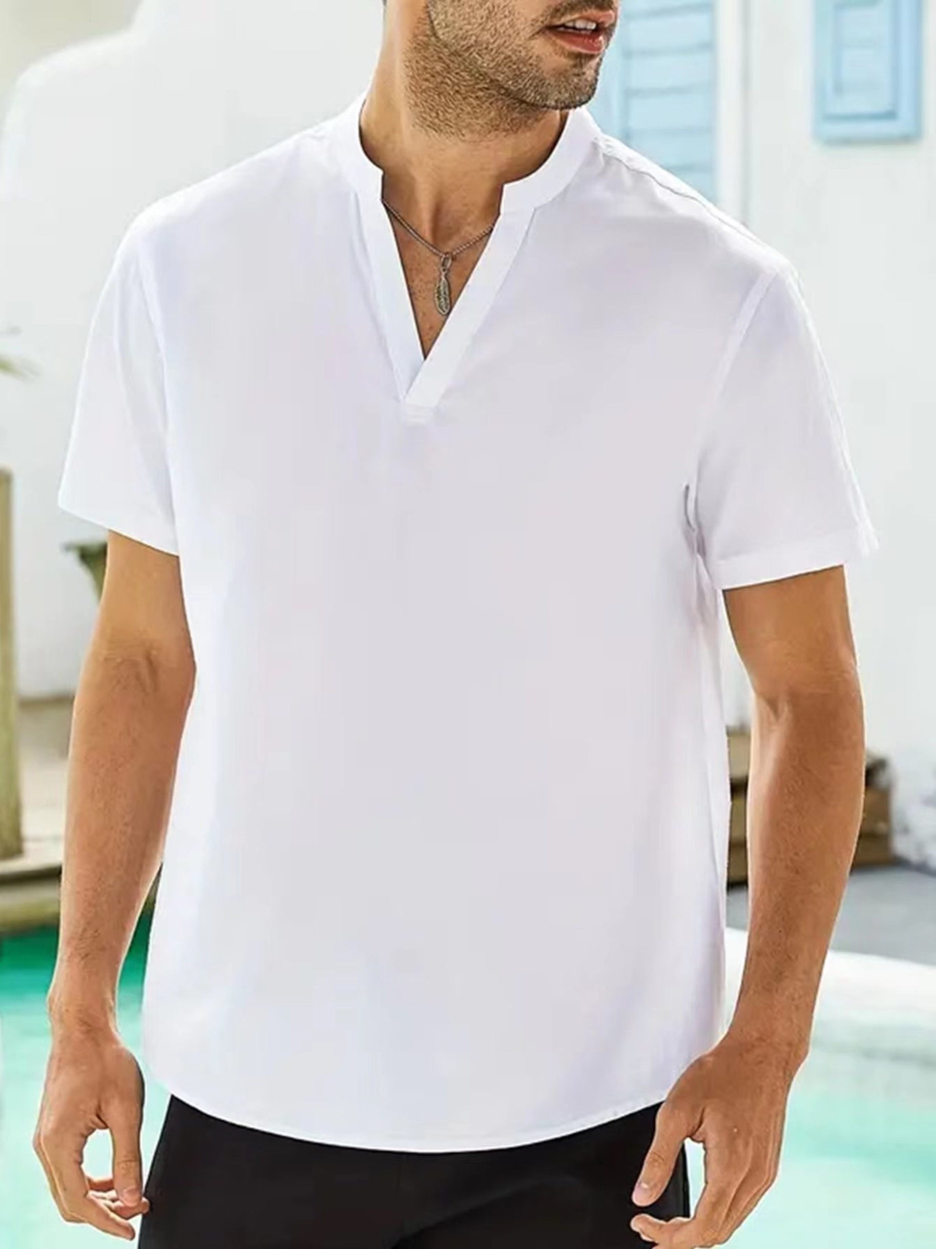 Men's Casual V-neck Short Sleeve Shirt for Summer Vacation