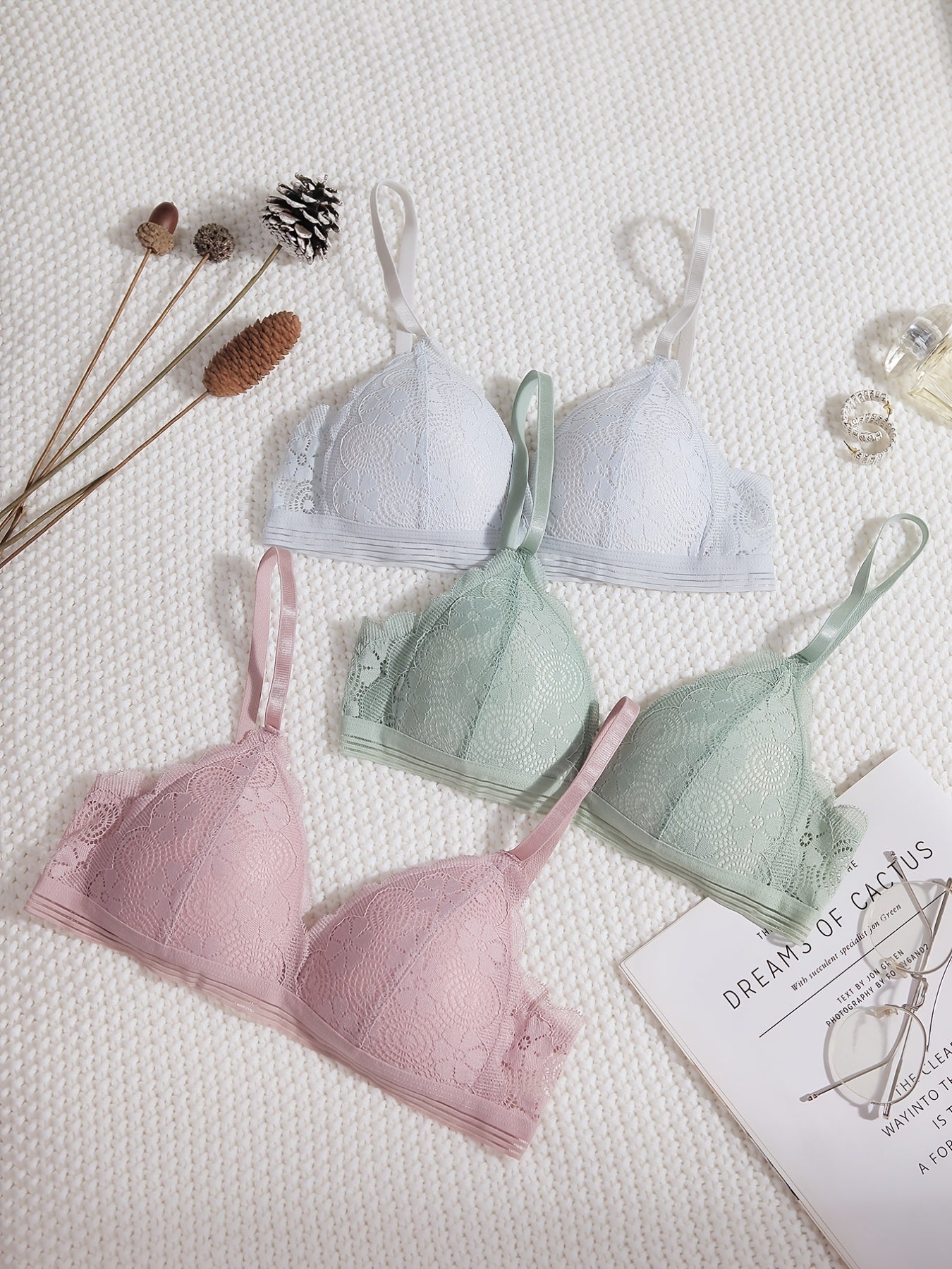 3 Pcs Floral Lace Wireless Push Up Bras Women's Lingerie