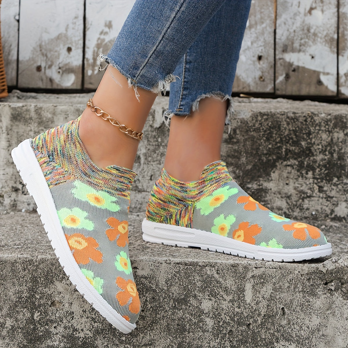 Flower Pattern Mesh Breathable Running Shoes Lightweight Non Slip Sneakers