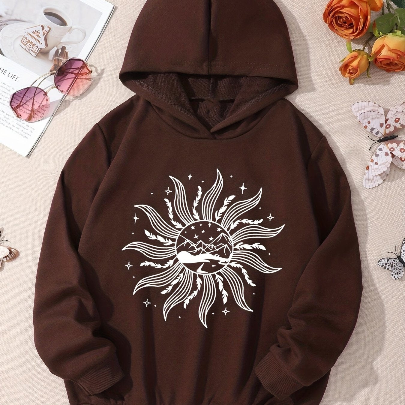 Kid Teen Girls' Vintage Sun Hooded Sweatshirt Top