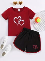 2pcs Baby Girls Heart Print T shirt & Shorts Set Baby Summer Clothes