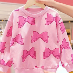 Girls Bow Print Crew Neck Sweatshirt Long Sleeve Pullover Top