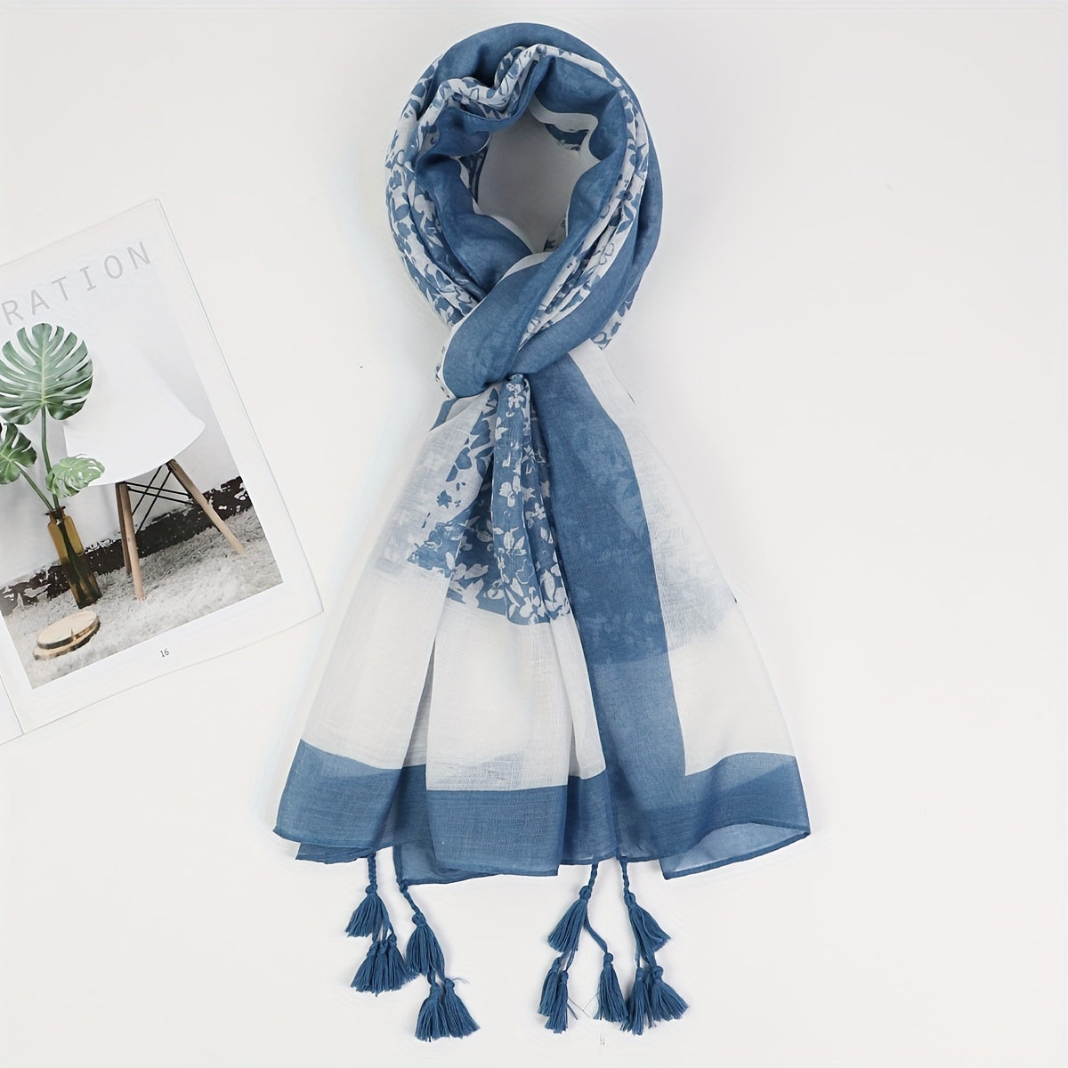 Leaf Print Tassel Scarf Classic Block Shawl Windproof Warm Head Wrap