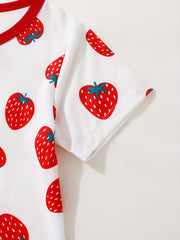 2pcs Strawberry Pattern Kid's Pajamas Set Comfy Casual PJ Set Girl's Loungewear