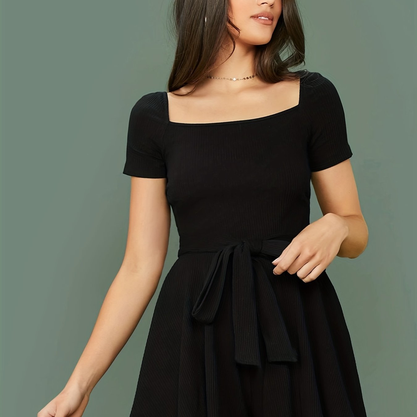 Solid Square Knit Romper Jumpsuit Casual Tie Waist Romper Jumpsuit