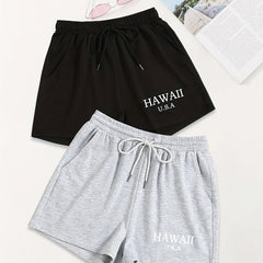 2 Pack Letter Print Drawstring Shorts Women's Casual Shorts