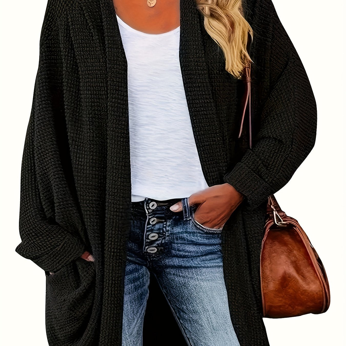 Solid Textured Batwing Sleeve Open Front Knit Cardigan