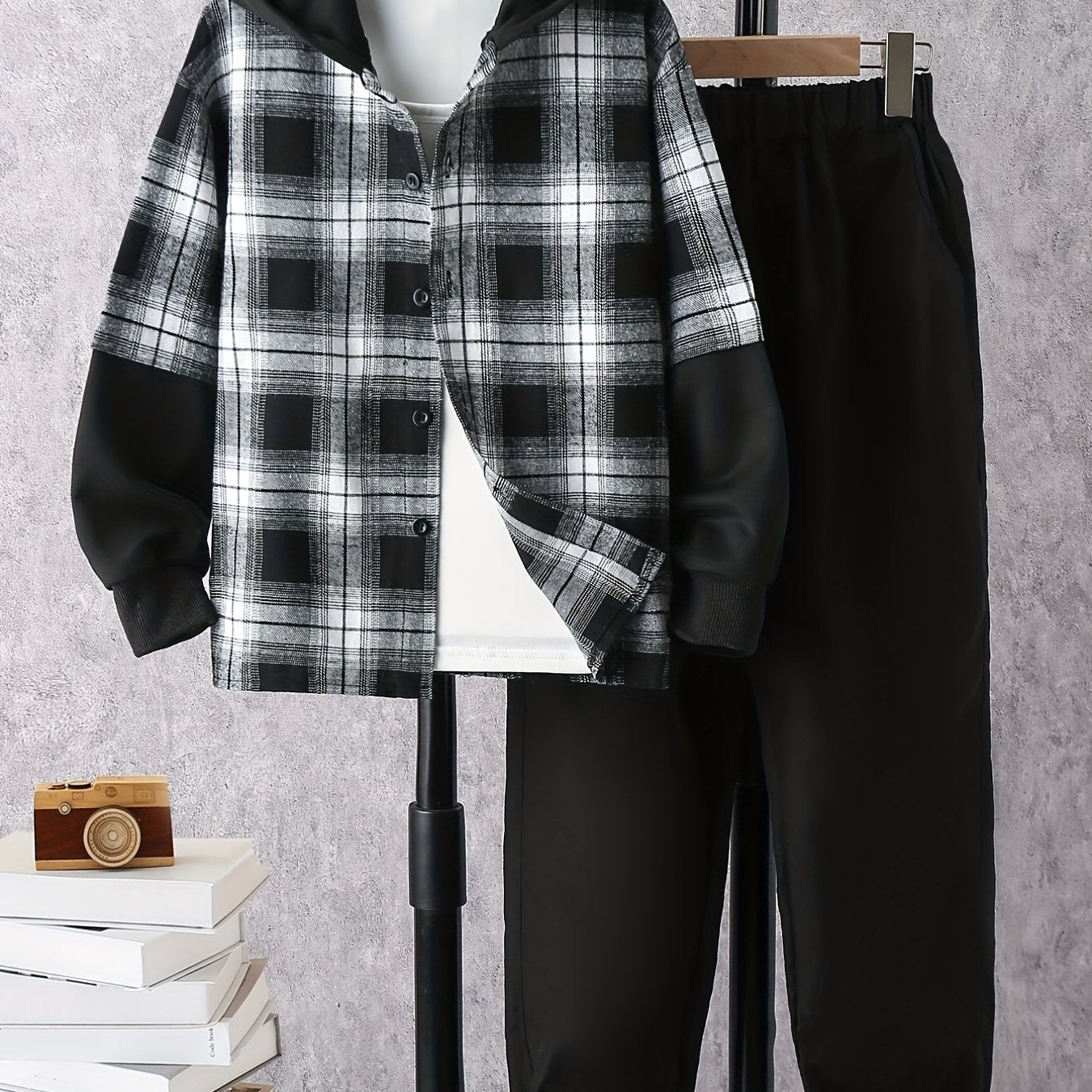 Boy's Hooded Shirt & Sweatpants Set Plaid Print Casual Outfits