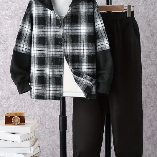 Boy's Hooded Shirt & Sweatpants Set Plaid Print Casual Outfits