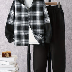 Boy's Hooded Shirt & Sweatpants Set Plaid Print Casual Outfits