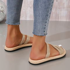 Women's Straw Braided Strap Flat Slides Non Slip Shoes