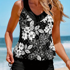 Floral & Polka Dot Plus Size Tankini Set V Neck Top & Lace Up Shorts