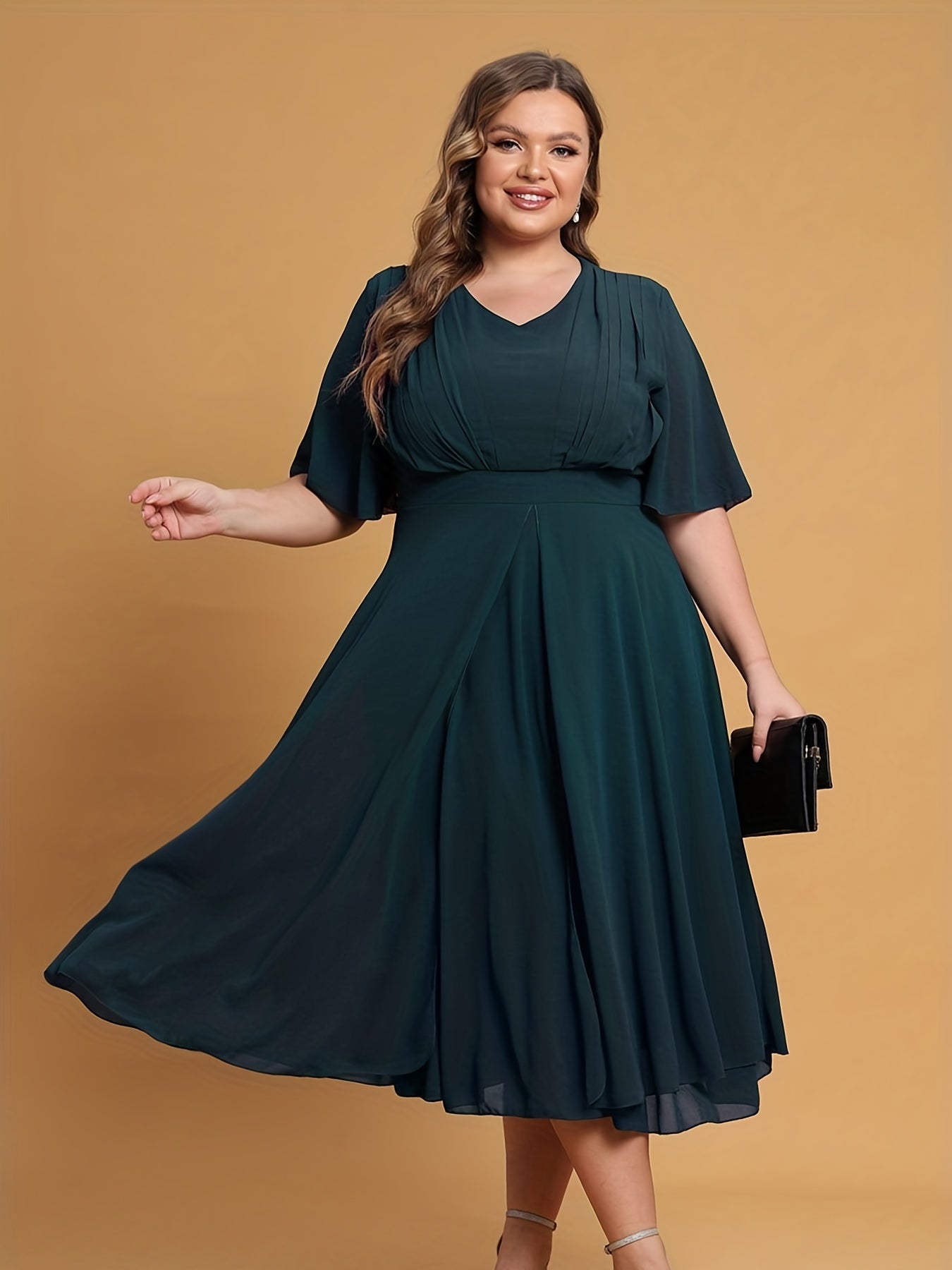 Flutter Sleeve V Neck Midi Dress