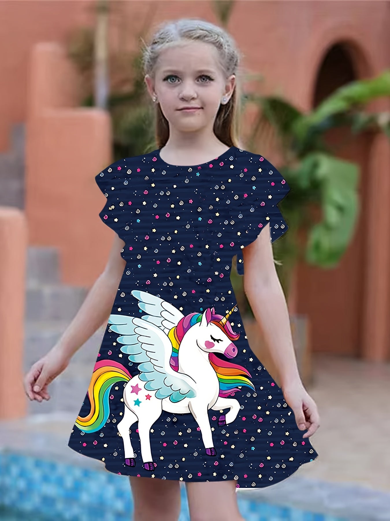 Girls Rainbow Unicorn 3D Print Dress Party Summer Kids Gift