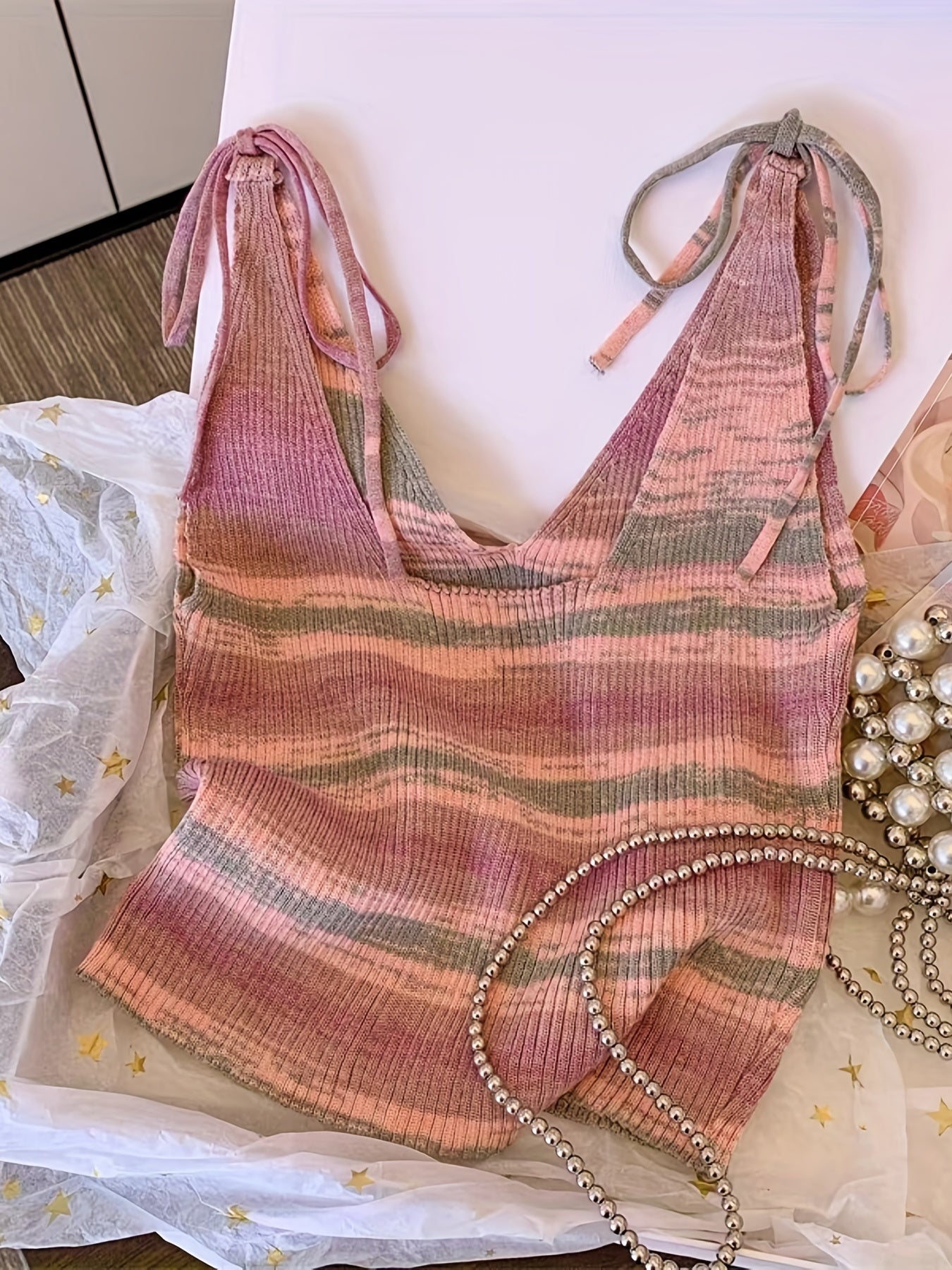 Stripe Tie Dye Lace Up Tank Top Casual Sleeveless Tank Top