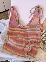 Stripe Tie Dye Lace Up Tank Top Casual Sleeveless Tank Top