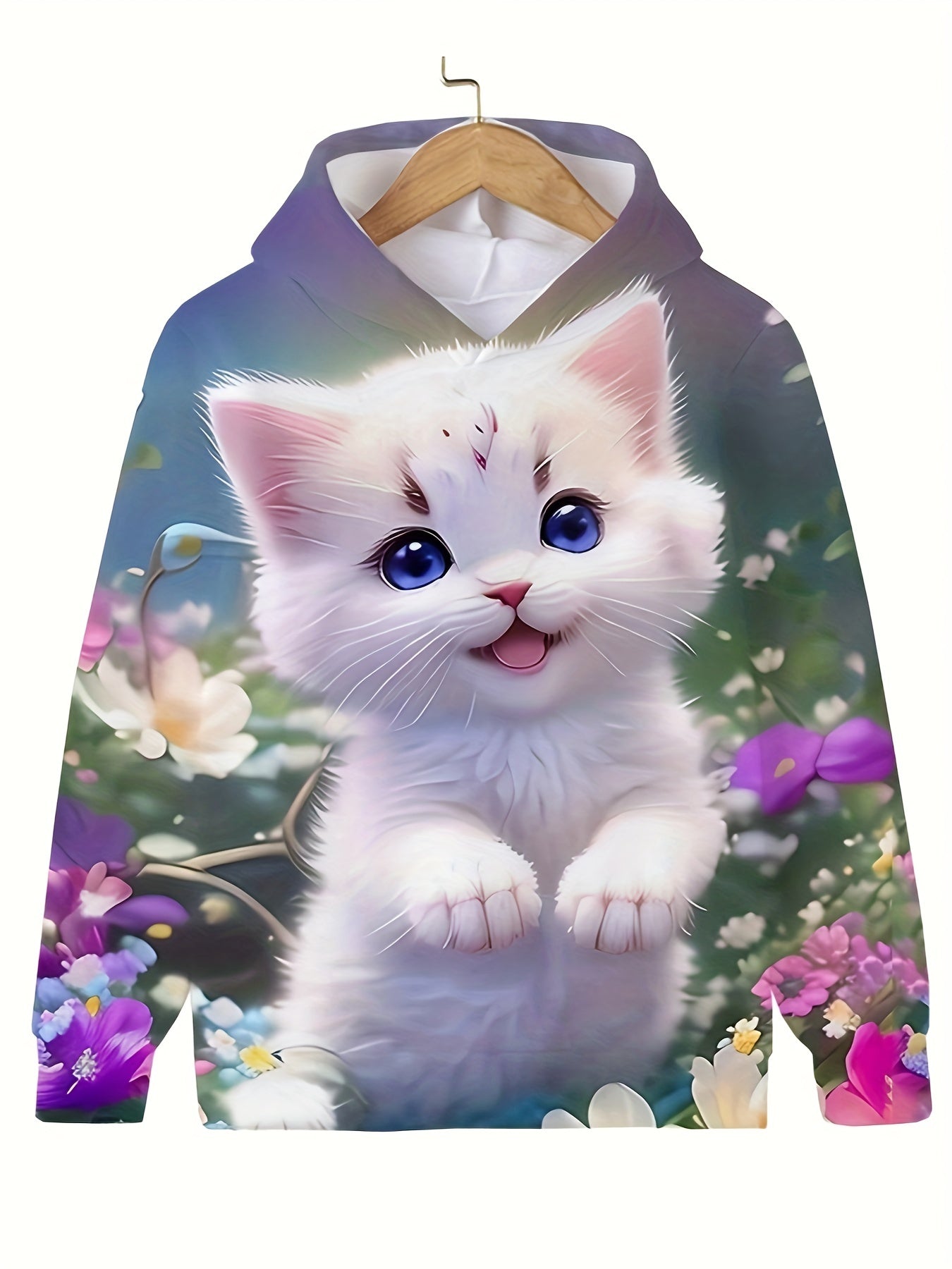 Girls Cartoon Kitty Hooded Pullover Sweatshirt