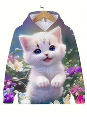 Girls Cartoon Kitty Hooded Pullover Sweatshirt