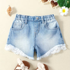 Toddler Girls Lace Denim Shorts Elastic Waist Regular Fit Jean Shorts