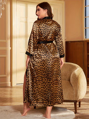 Sexy Nightdress Leopard Print Long Sleeve Open Front Bathrobe
