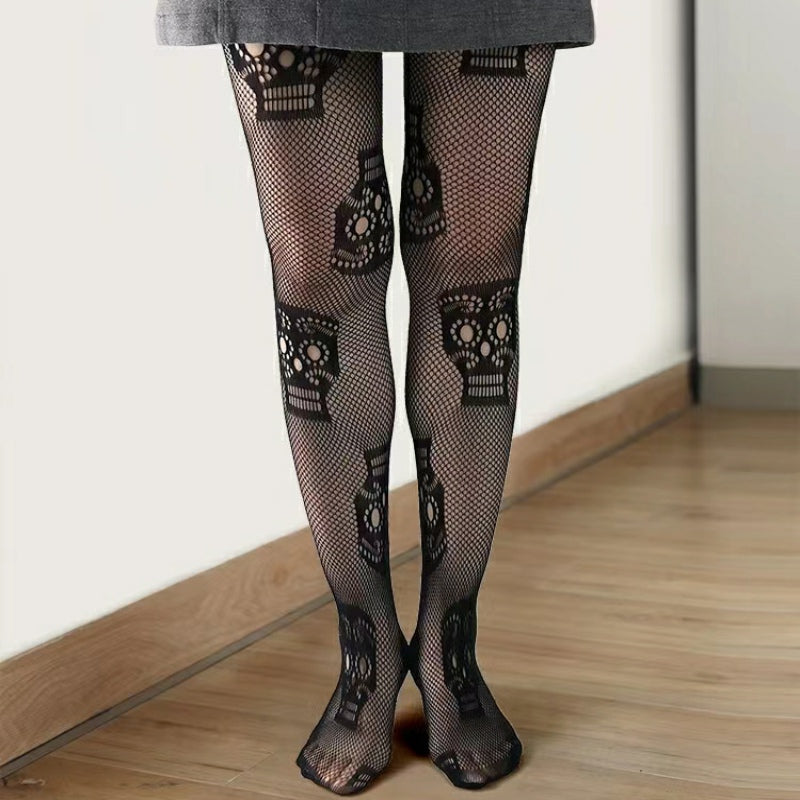 Skull Print Mesh Fishnet Stockings