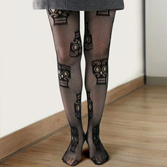 Skull Print Mesh Fishnet Stockings