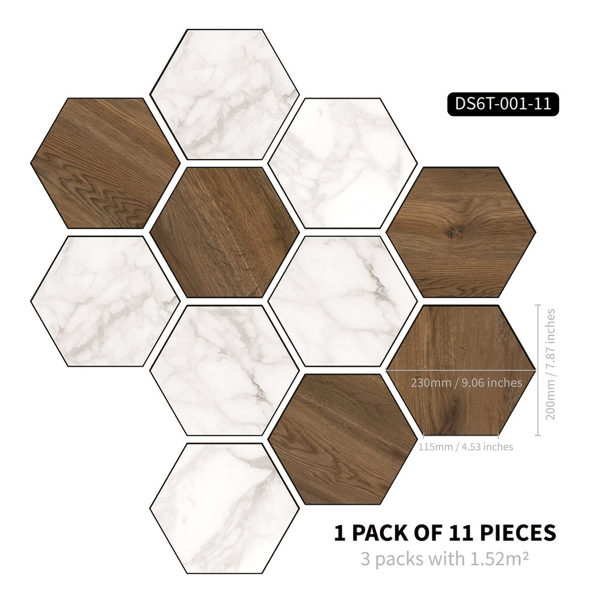11pcs Marble Wood Grain Hexagon Floor Stickers Waterproof Non slip
