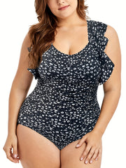 Boho Swimsuit Women's Plus Ditsy Floral Print Ruffle Trim One Piece