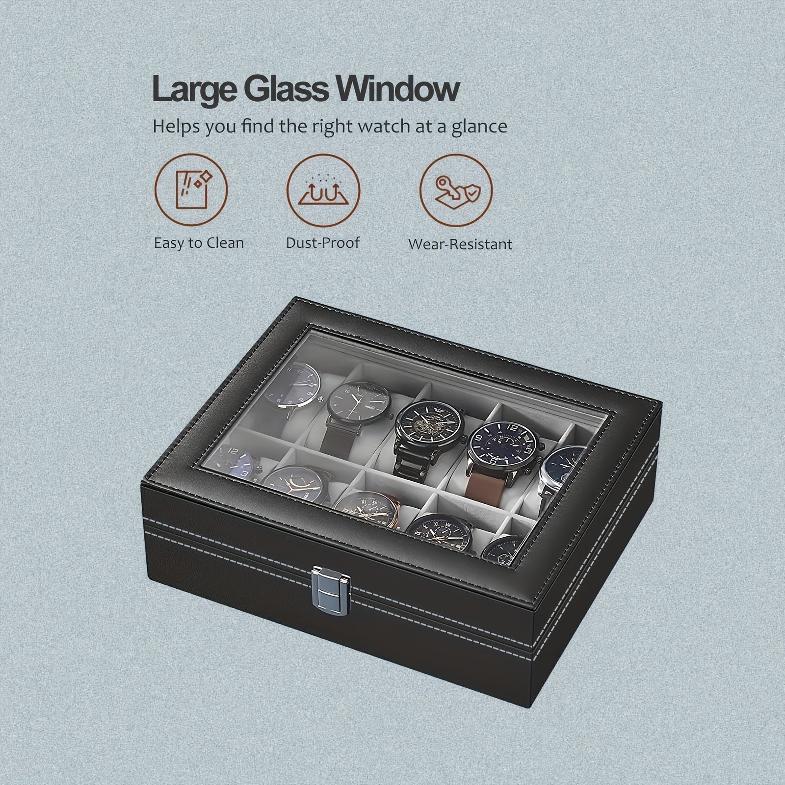 12 Slot Gray Watch Storage Box PU Leather Wrapped