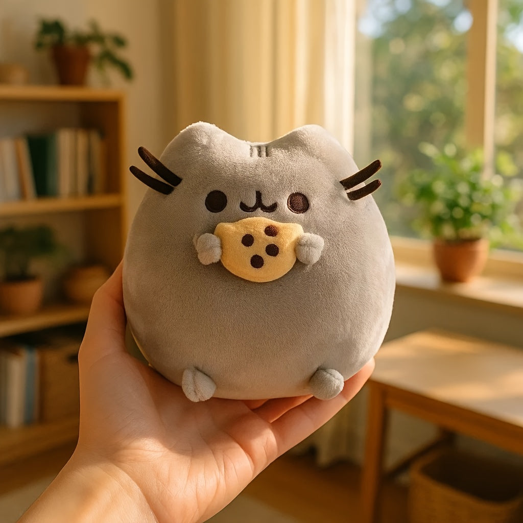 Cookie Cat Plush Toy Soft Stuffed Animal with Cookie 10in High Gray Home Decor
