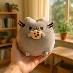 Cookie Cat Plush Toy Soft Stuffed Animal with Cookie 10in High Gray Home Decor