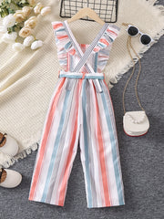 Toddler Girls Ruffle Trim Striped Overall Jumpsuits