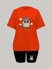 Owl Print Lounge Set Short Sleeve Crew Neck Top & Elastic Shorts